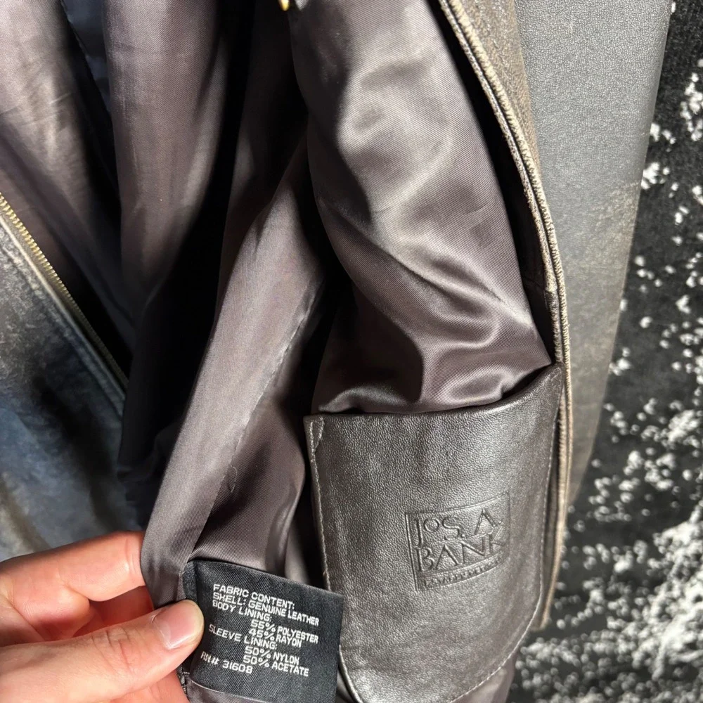 Jos A Bank Mens Brown Genuine Leather Bomber Jacket Full Zip Coat Size Medium - Picture 4 of 6